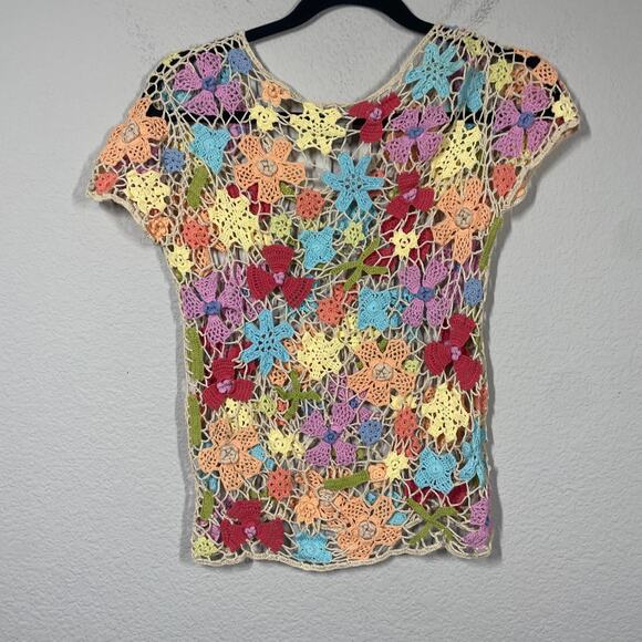 Kenar Womens Size Small Crochet Top Blouse Multicolor Floral Cotton Cap Sleeves - Picture 2 of 5